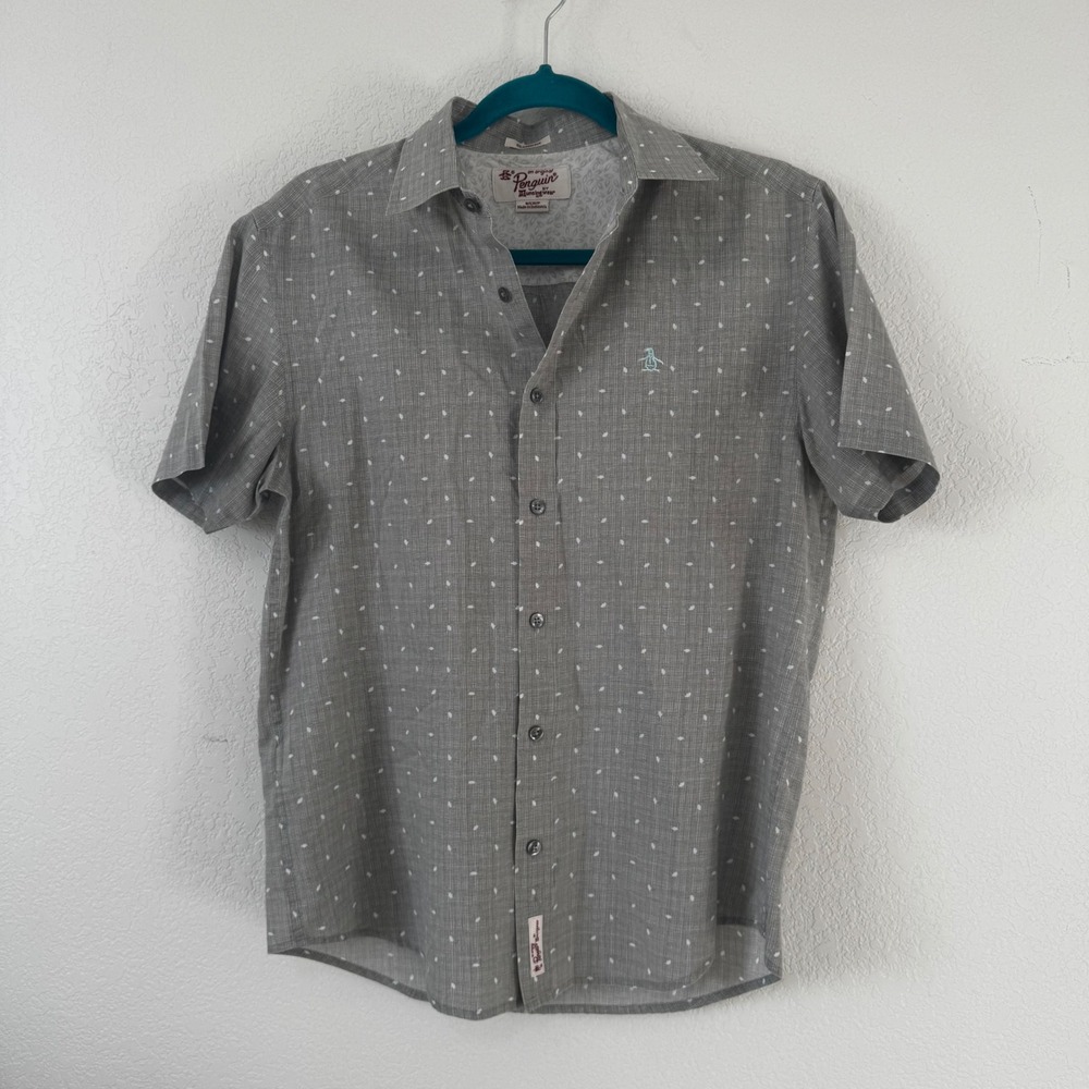 Original Penguin Mens Classic Fit Short Sleeve Button Down Small Grey Pattern